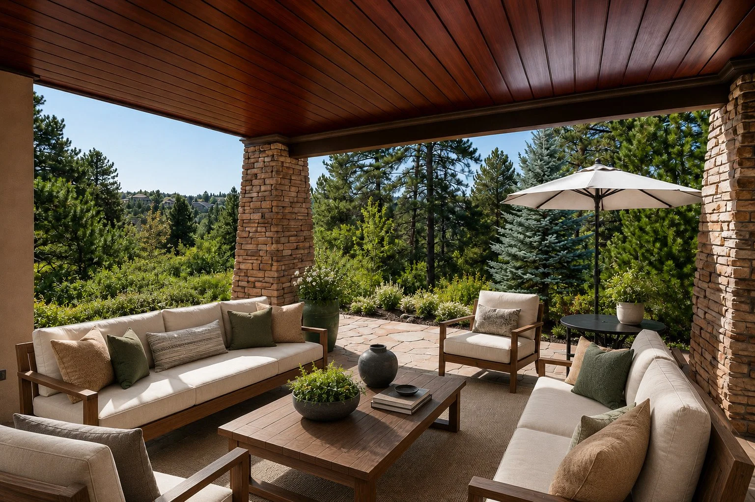 Custom timber and stone covered patio craftsmanship detail, Castle Rock, Colorado