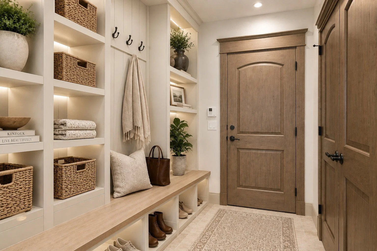 Owners entryway mudroom with built-in shelving and wooden bench, Castle Rock, Colorado