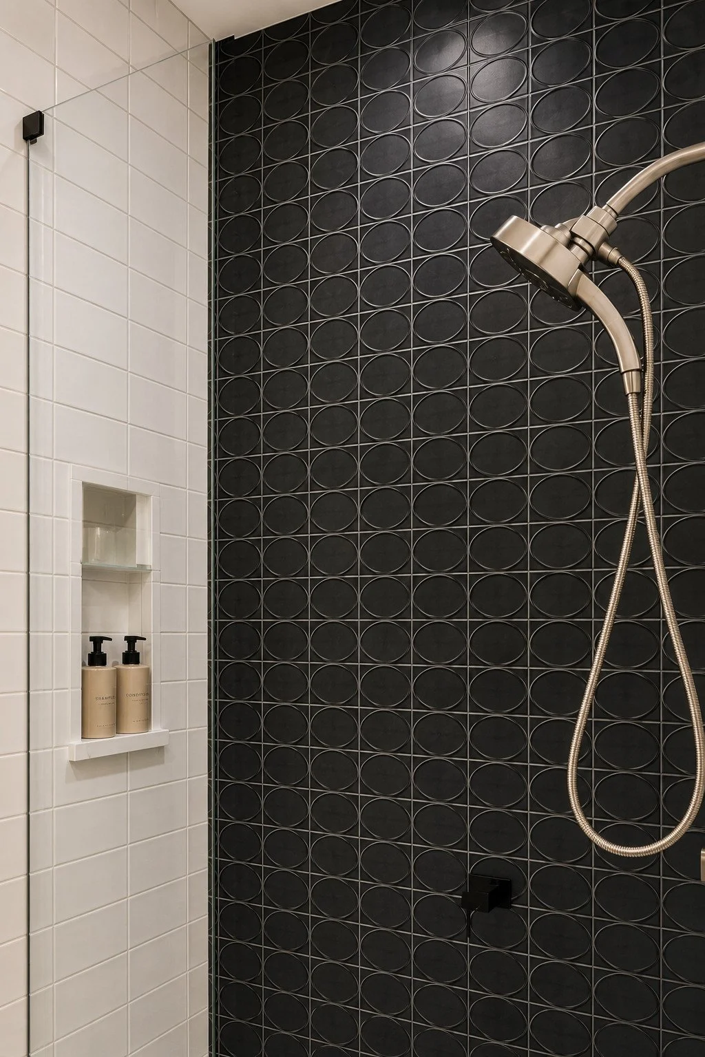 Shower with black geometric tile niche, Franktown, Colorado