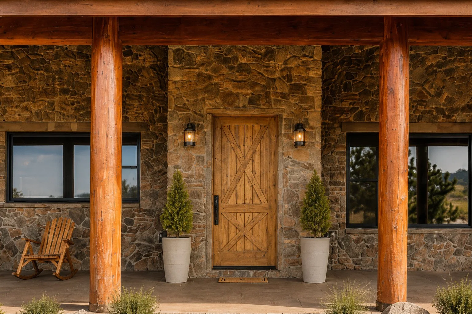 Rustic guest home entry with large round timber columns, Larkspur, Colorado