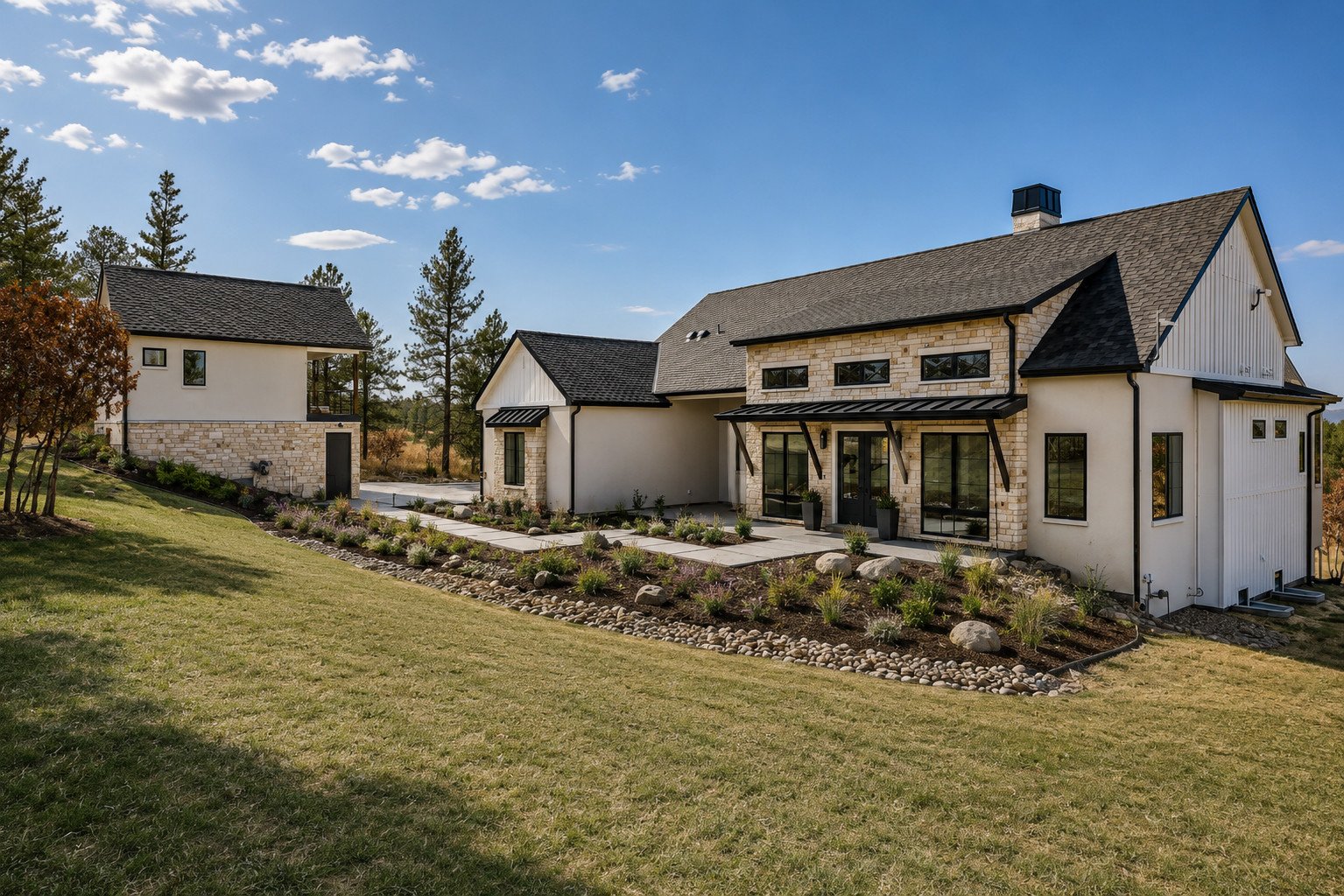 Modern farmhouse front elevation with detached living space ADU, Franktown, Colorado
