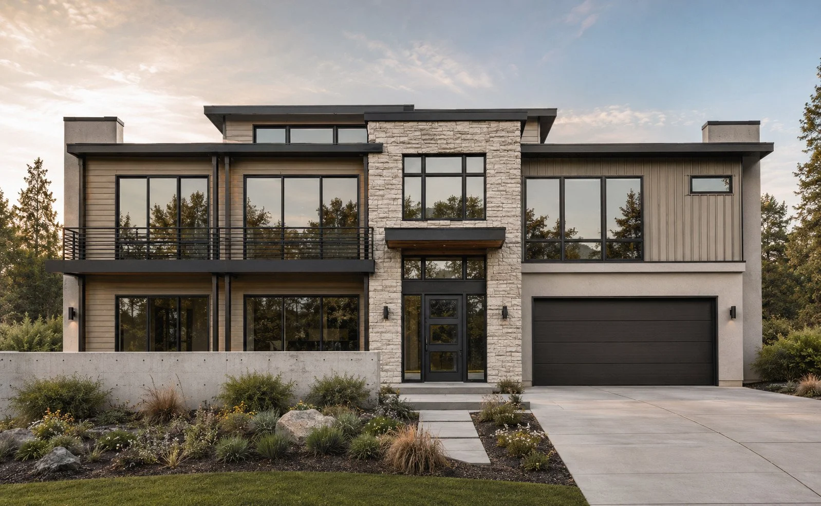 Contemporary Colorado custom home with natural stone facade, wood siding and black-framed windows, Castle Rock, Colorado