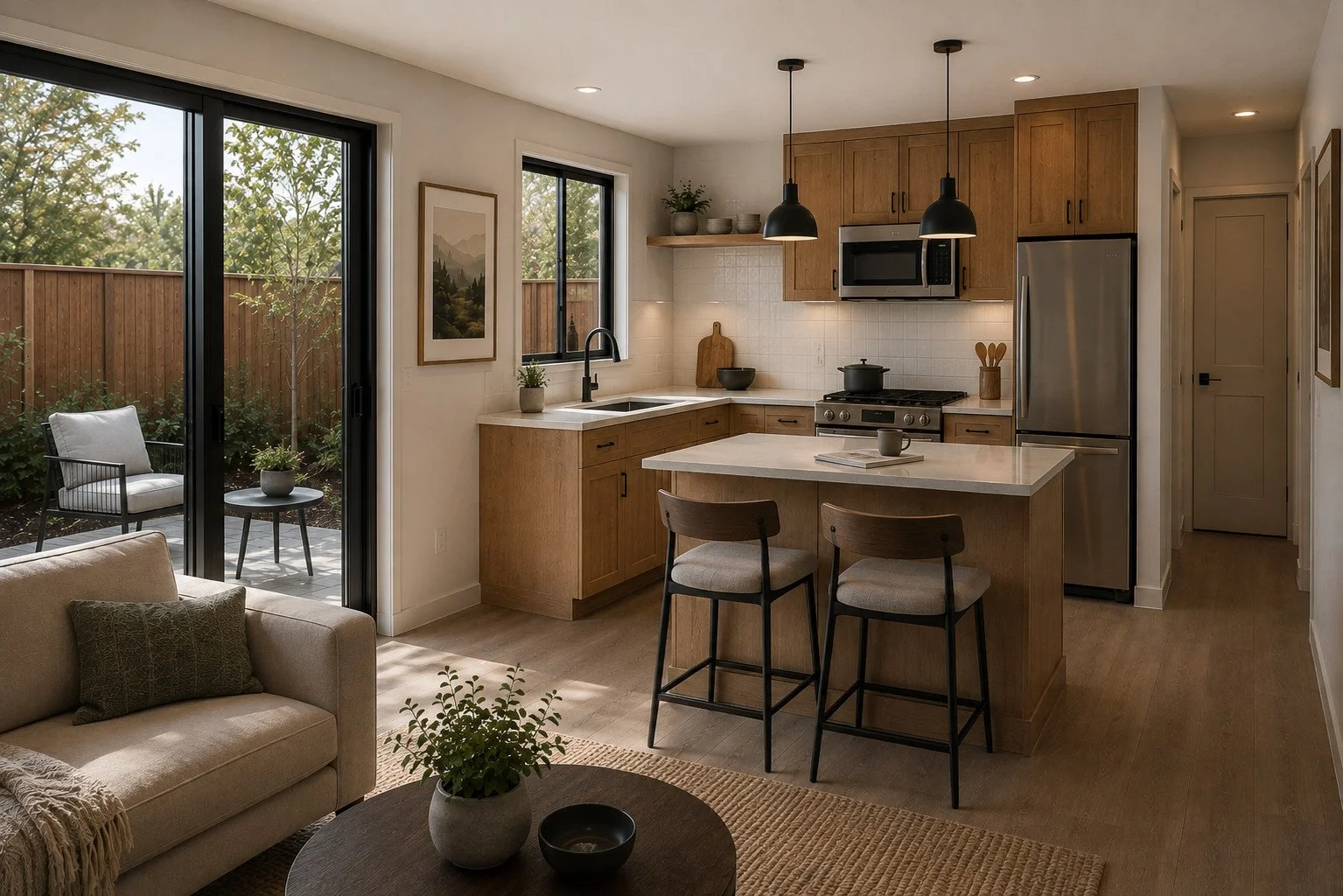 Compact L-shaped ADU kitchen with two-seat island and adjoining living space