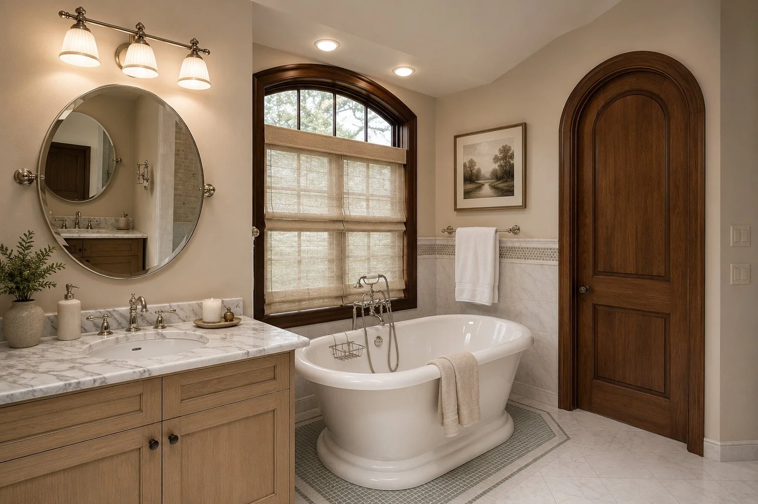 Bathroom vanity with round mirror and marble counter, Castle Rock, Colorado
