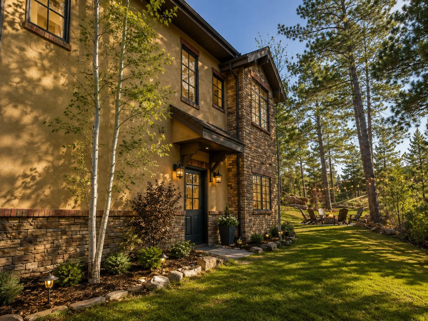 European custom home side elevation with walk-out entry door, Castle Rock, Colorado