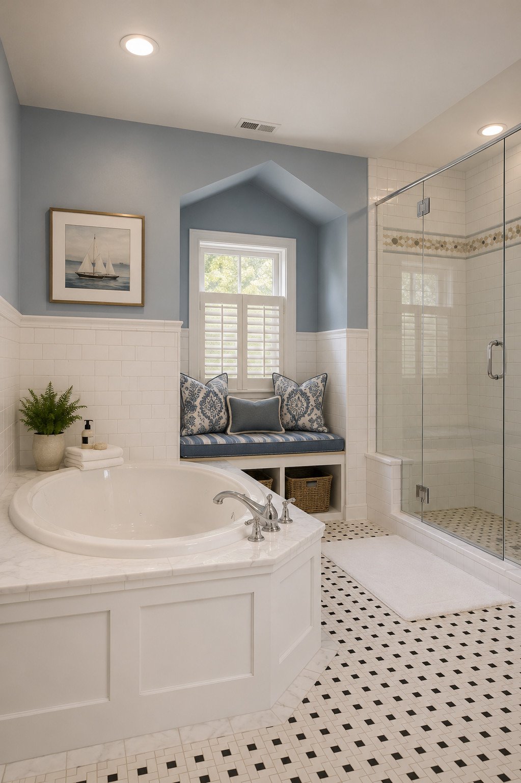 Kids' bathroom with black-and-white patterned floor, Castle Rock, Colorado