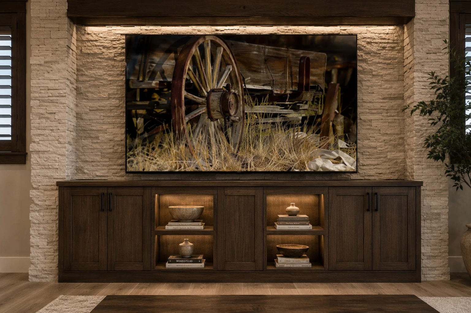 Rustic stone media wall with theater television, Sedalia, Colorado