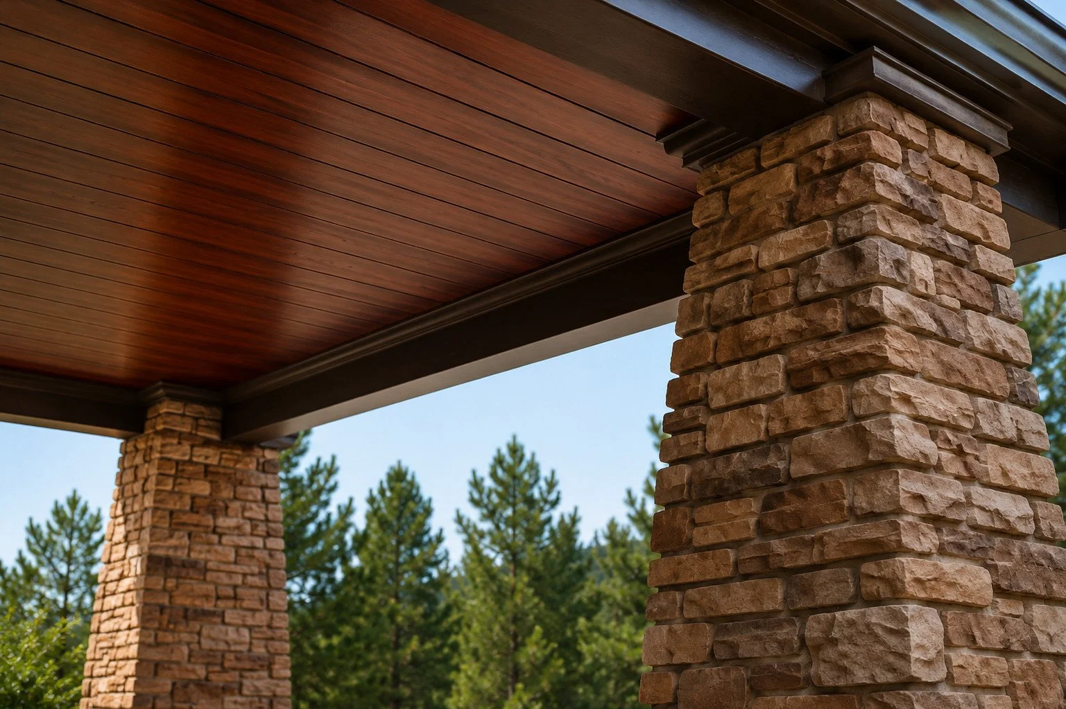 Custom covered outdoor patio with timber roof structure and stone columns, Castle Rock, Colorado