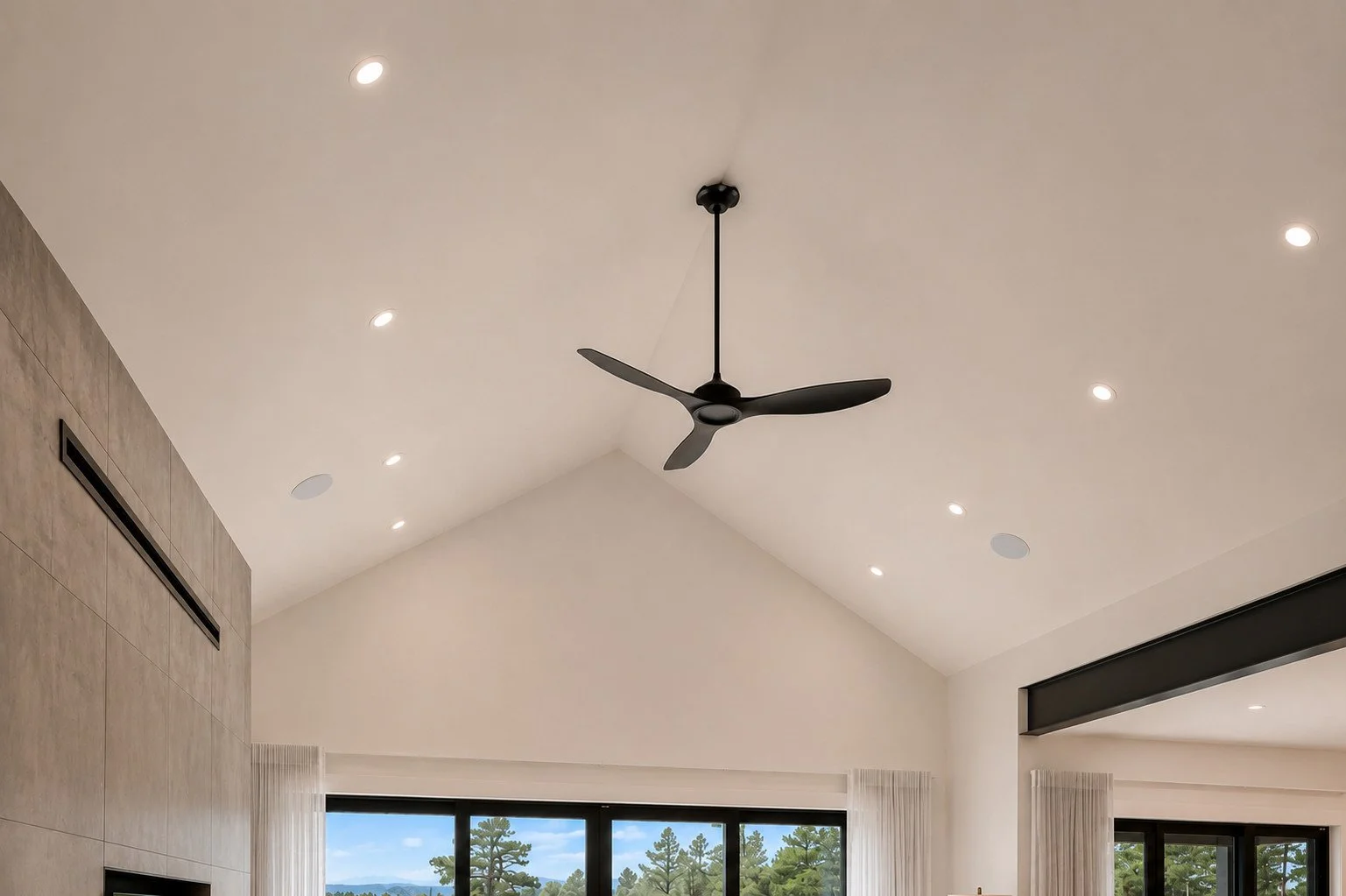 Vaulted living room ceiling with black fan, Franktown, Colorado