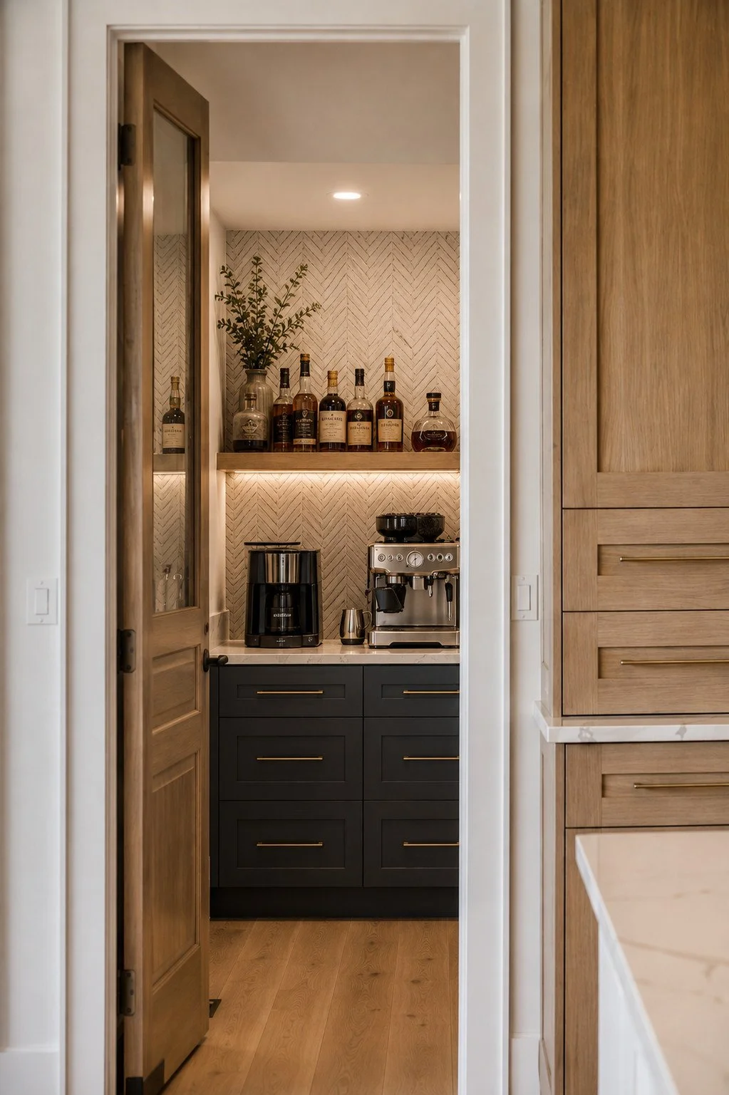 Detail view of coffee service in butler pantry, Parker, Colorado