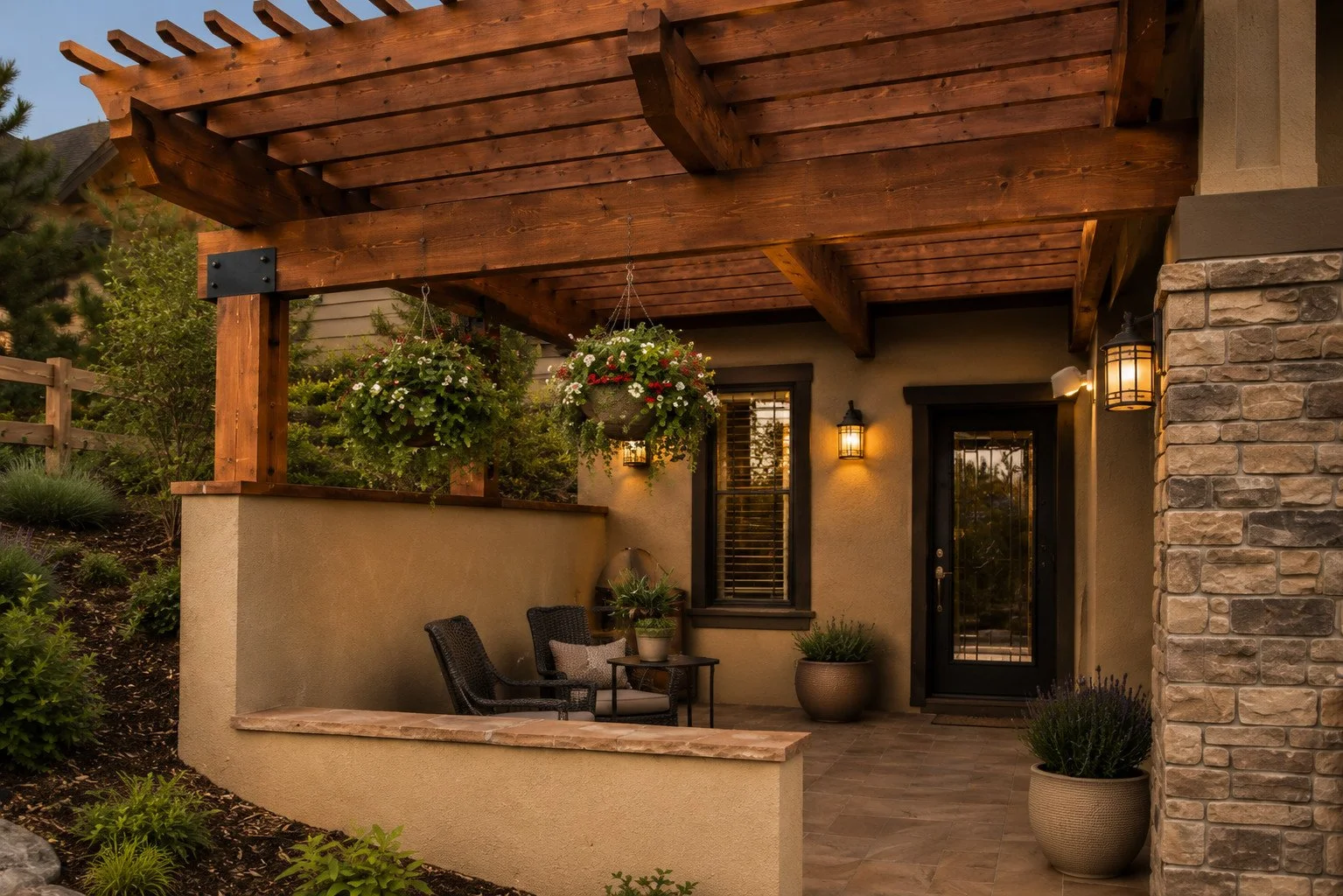 Patio with timber pergola, architectural lighting and integrated landscaping, Castle Rock, Colorado