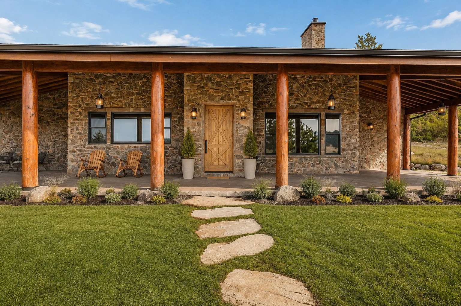 Front elevation with natural stone, timber columns and covered porch, Larkspur, Colorado