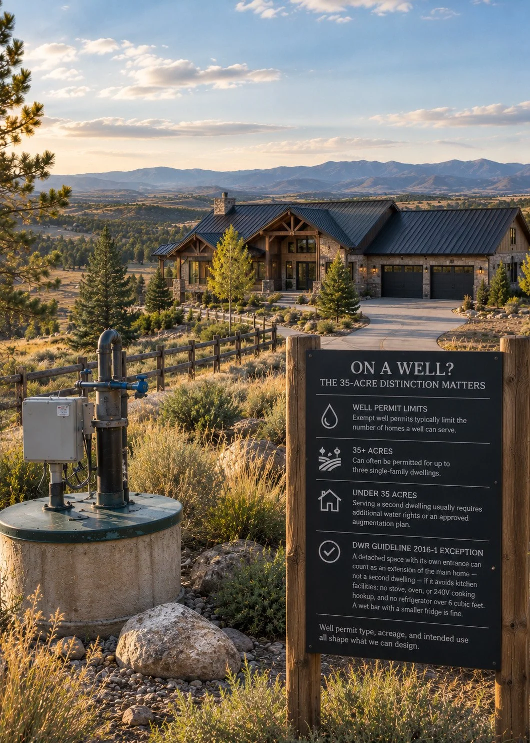 Private well on a Douglas County, Colorado acreage property illustrating the 35-acre distinction for ADU feasibility