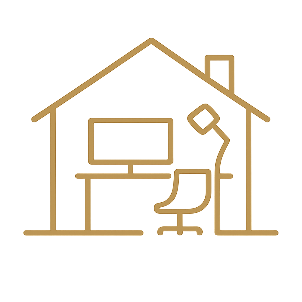 Line drawing of a home office setup with a desk, chair, and monitor inside a house outline.