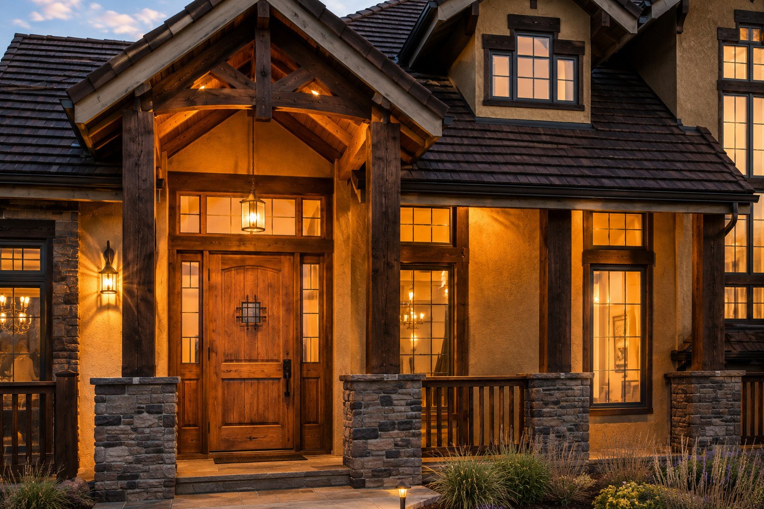 Rustic entry at dusk with stone and wood exterior, wood front door and lantern lighting, Sedalia, Colorado