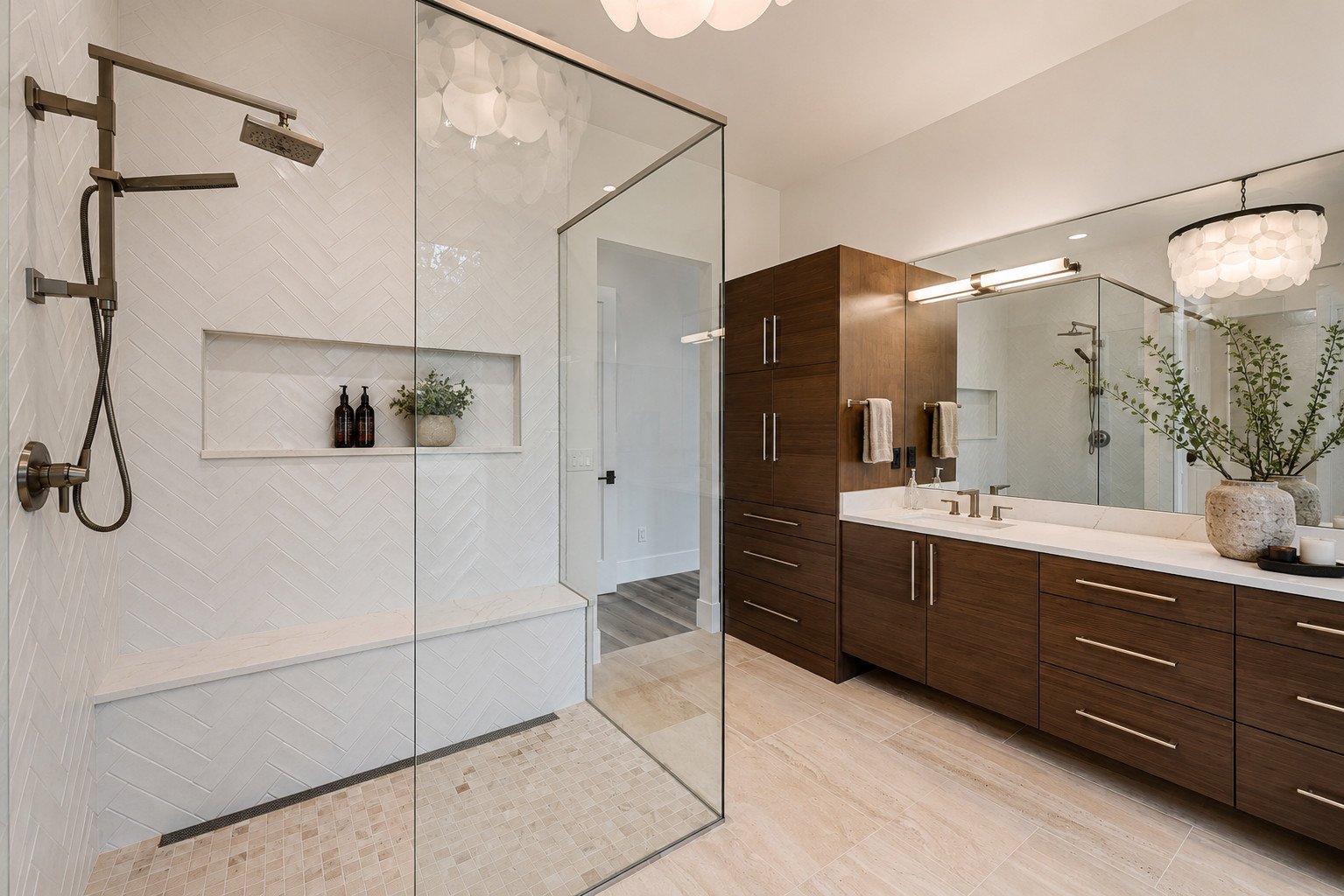 Primary shower with herringbone tile, Franktown, Colorado