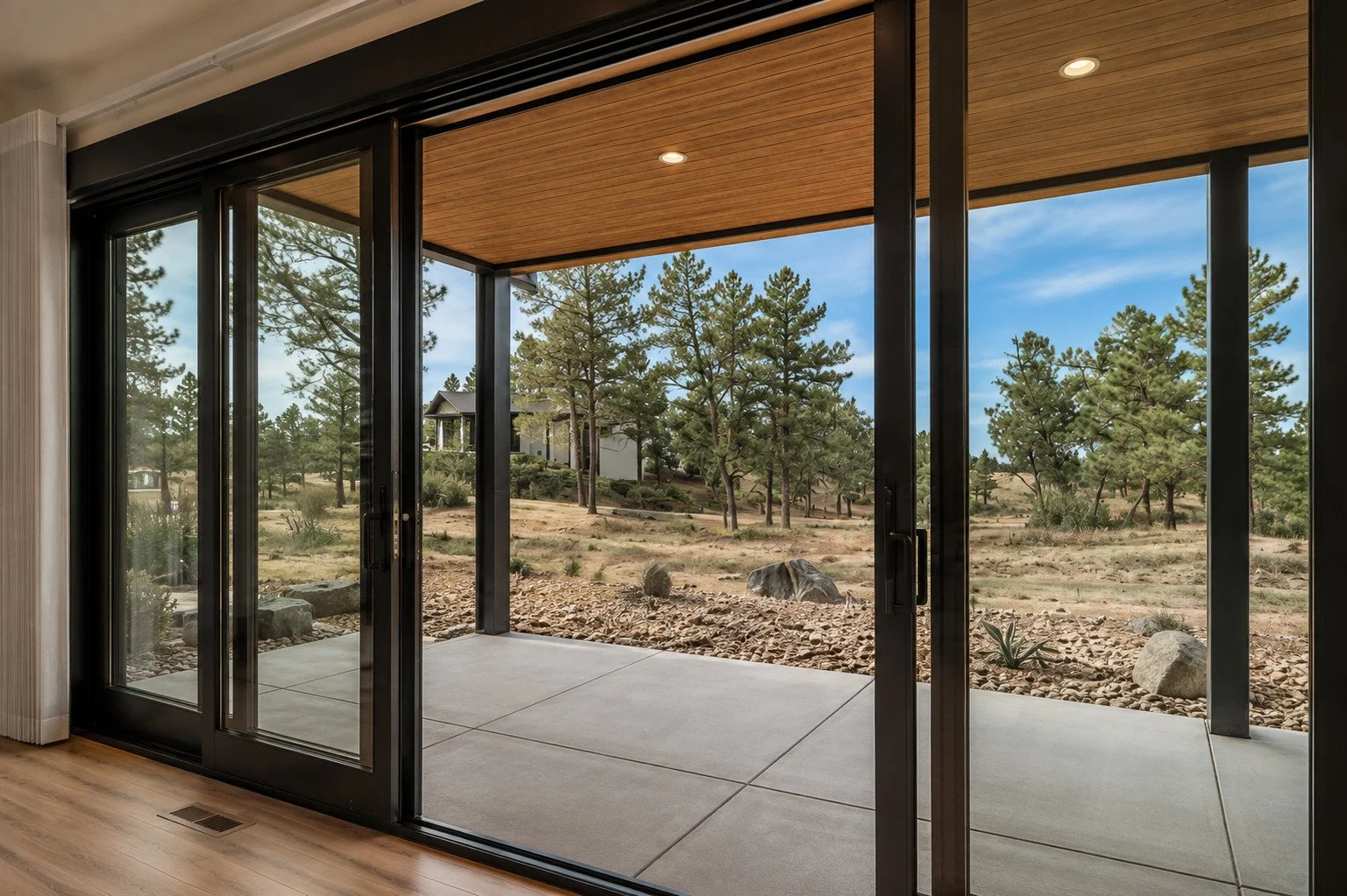 Covered patio with sliding glass doors, Franktown, Colorado