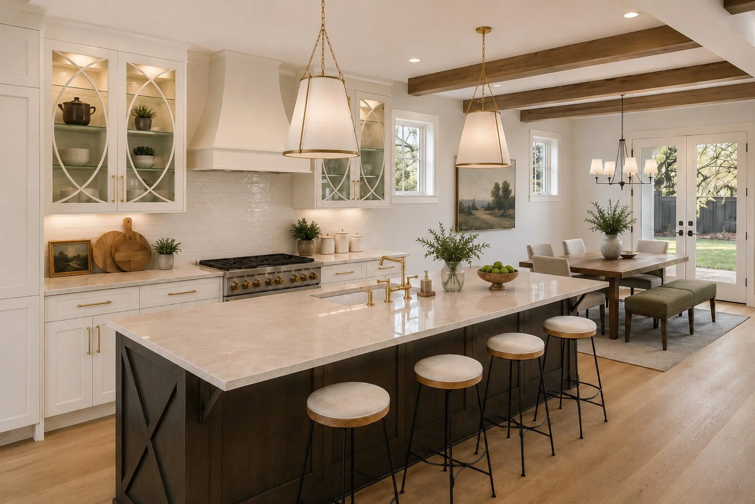 Kitchen and dining area with exposed beams, custom ADU, Parker, Colorado