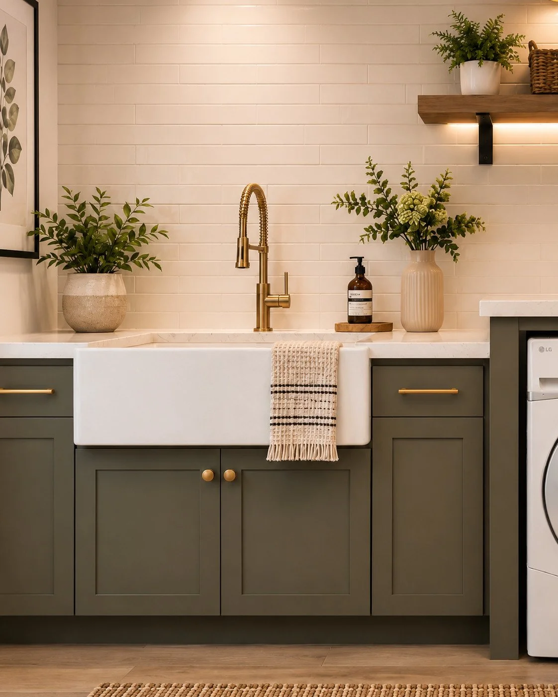 Laundry room with sage green cabinets and gold faucet, Sedalia, Colorado