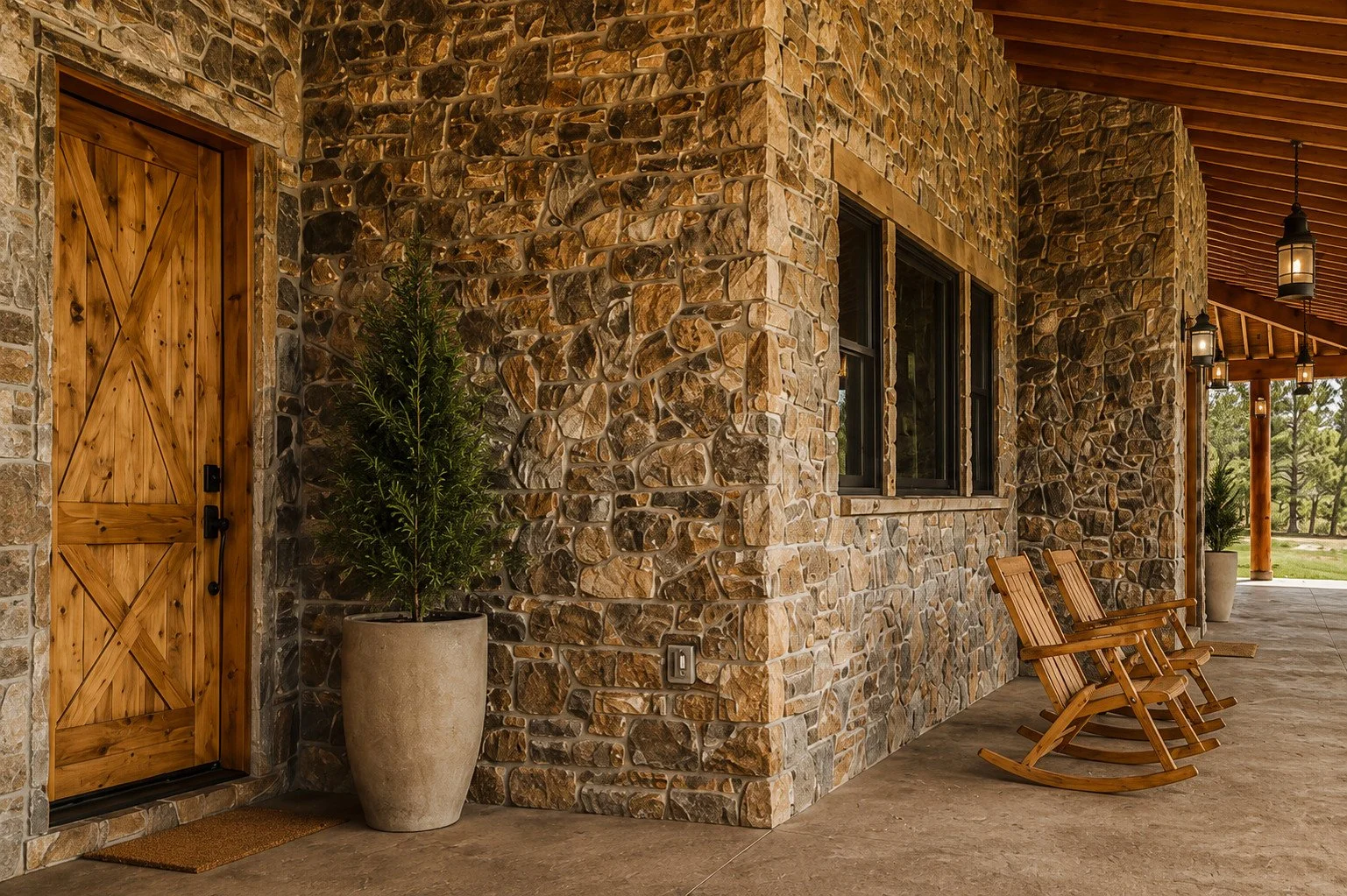 Timber and stone porch craftsmanship on guest home on Colorado acreage, Larkspur, Colorado