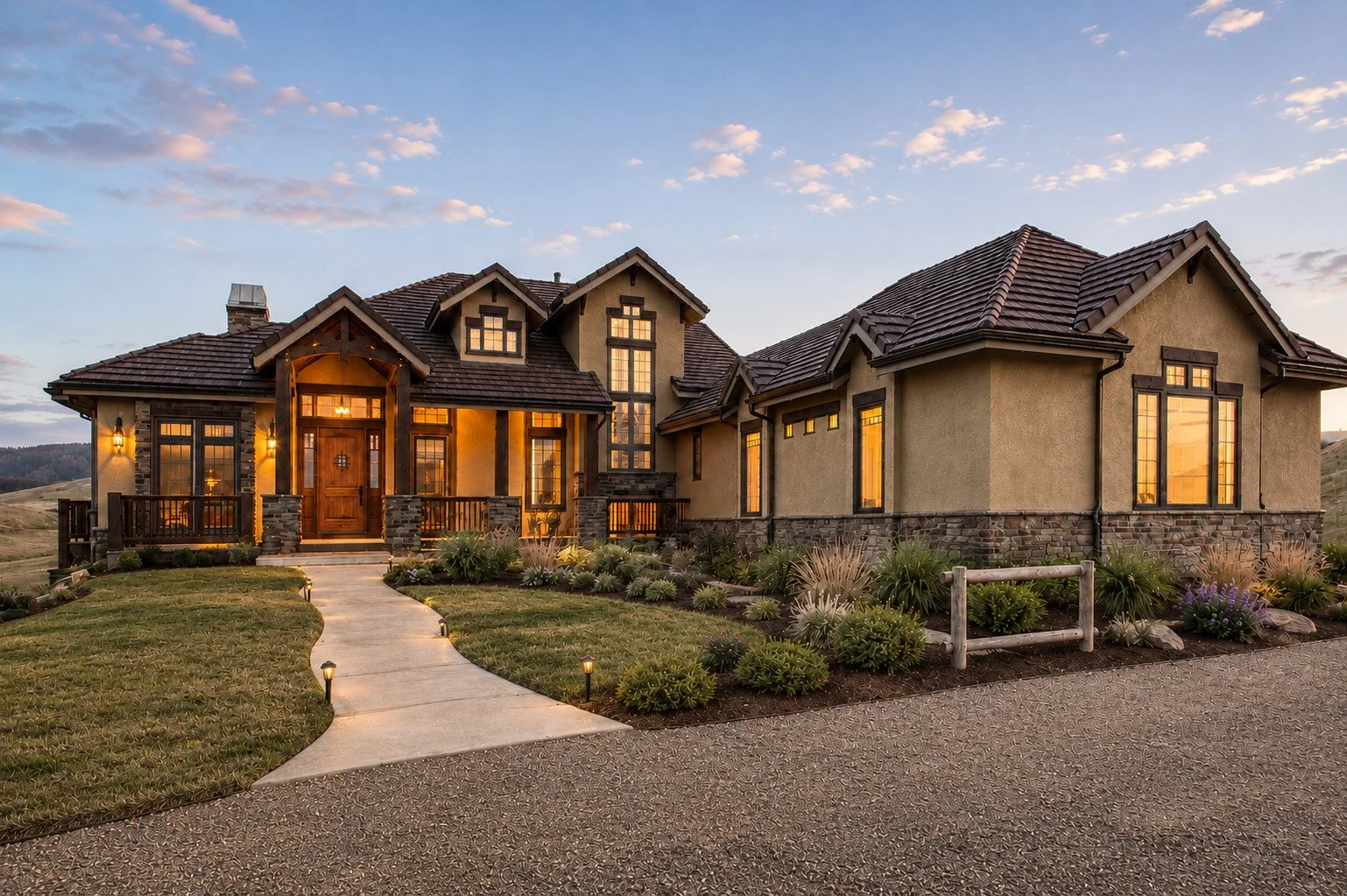 Colorado custom home at dusk with natural stone, warm architectural lighting and landscaped entry, Sedalia, Colorado
