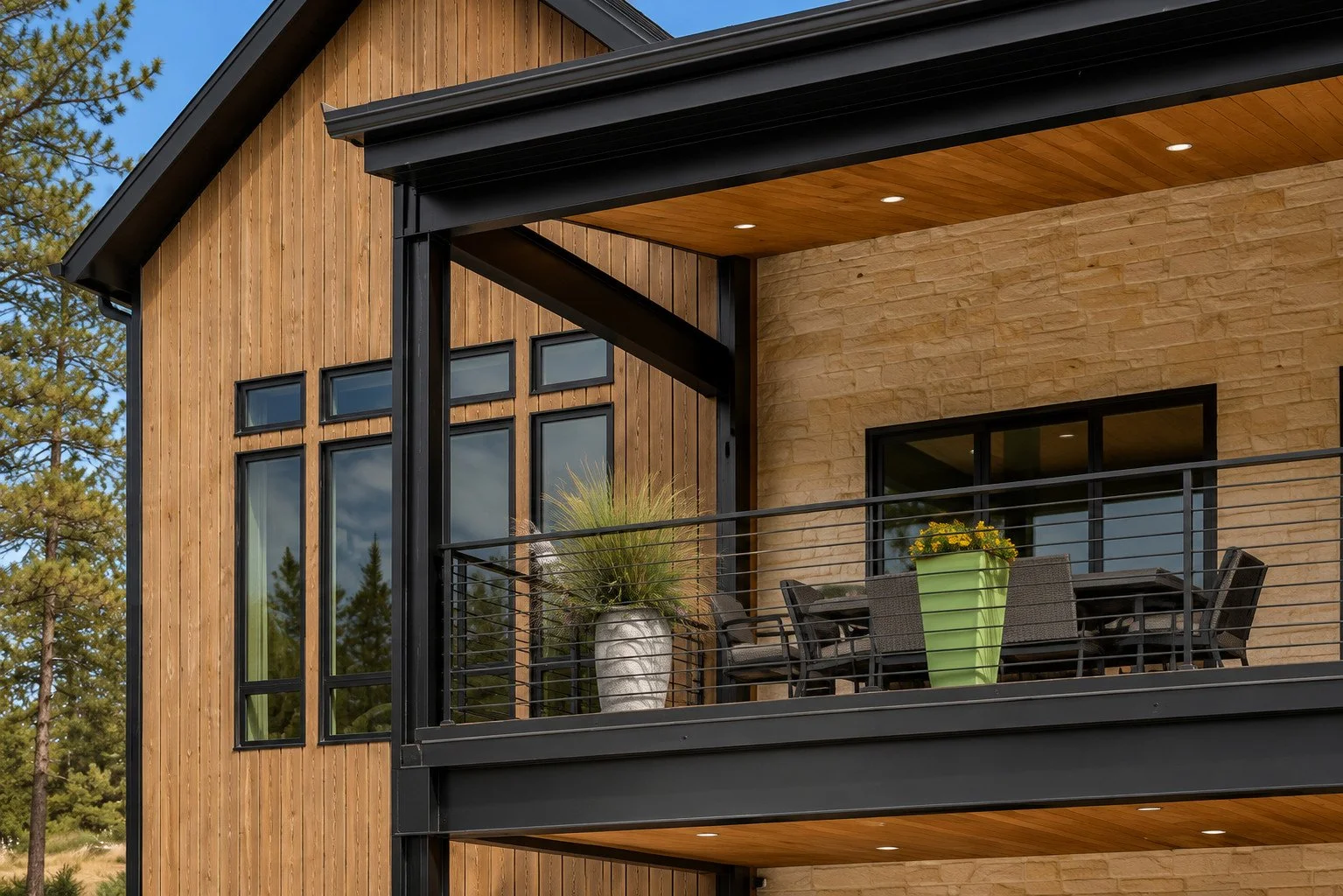 Contemporary custom home with wood, masonry and black metal detailing and upper balcony, Franktown, Colorado
