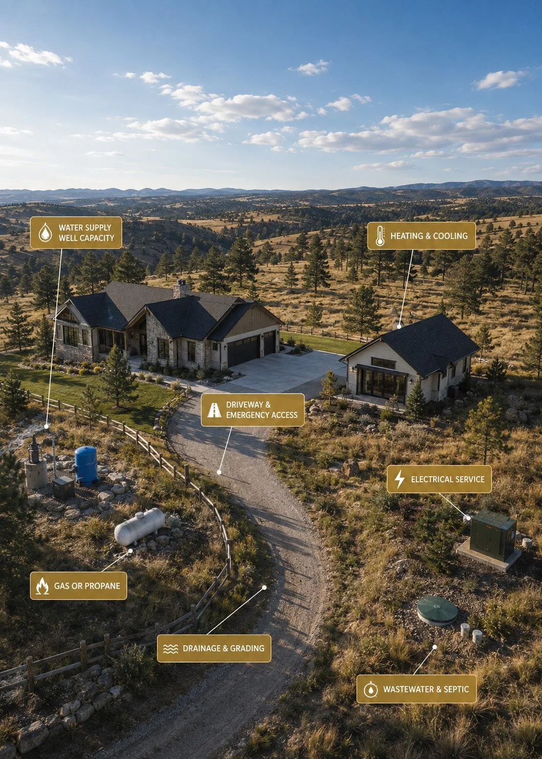 Douglas County acreage property showing water, well, septic, electrical, propane, drainage and emergency access considerations for ADU feasibility