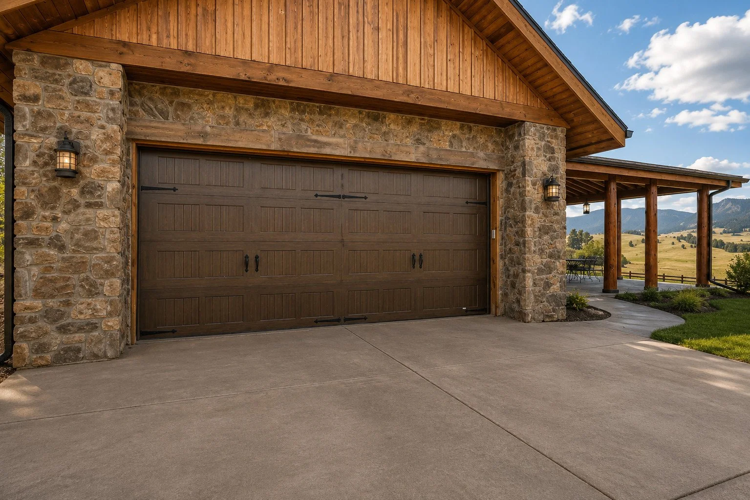 Garage elevation with wood garage door, natural stone columns and timber siding, Larkspur, Colorado