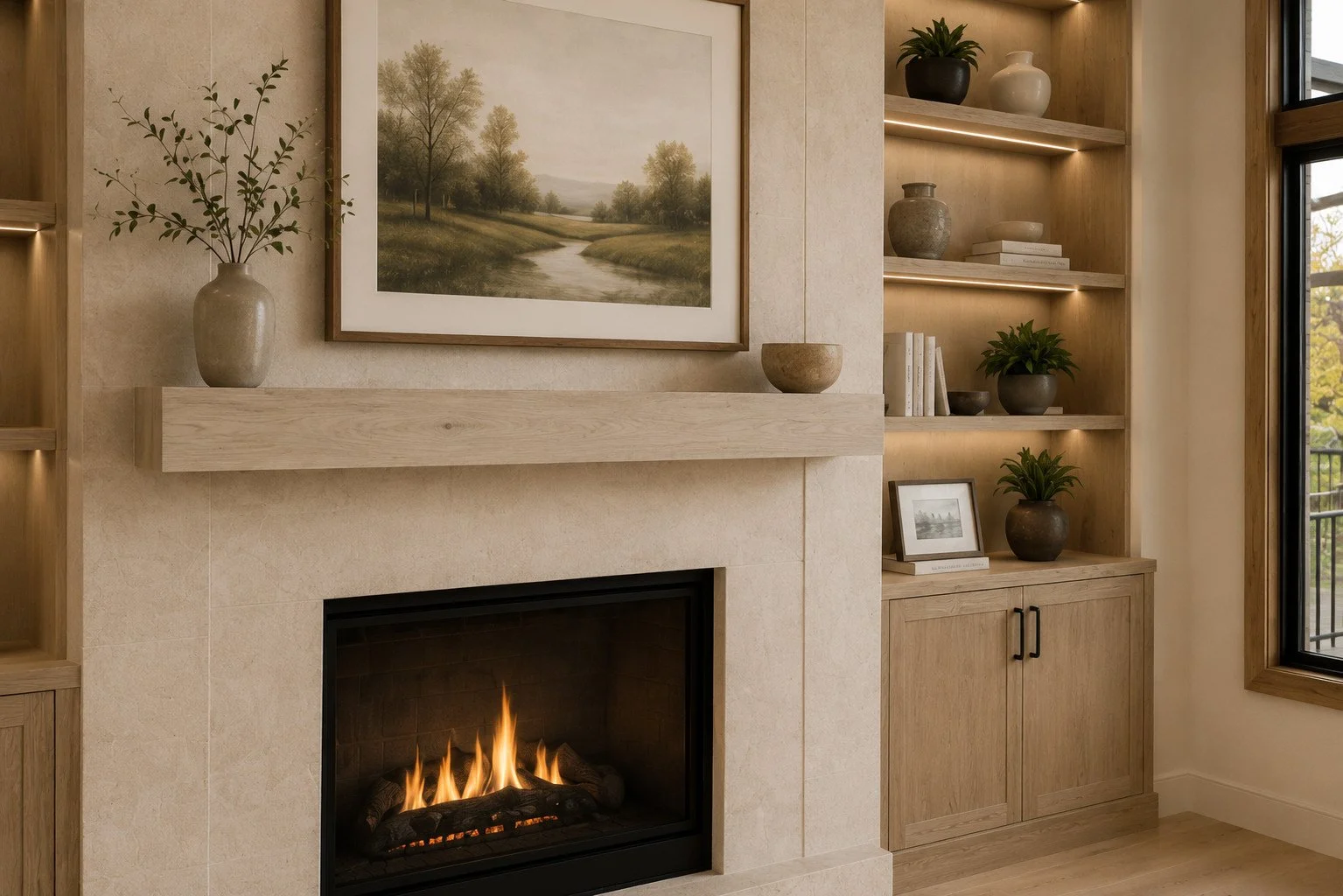 Fireplace with landscape painting and built-in shelves, Parker, Colorado
