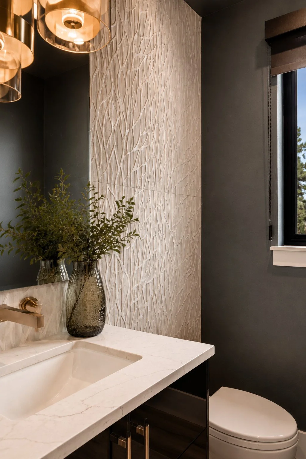 Powder bath with textured tile and dark walls, Franktown, Colorado