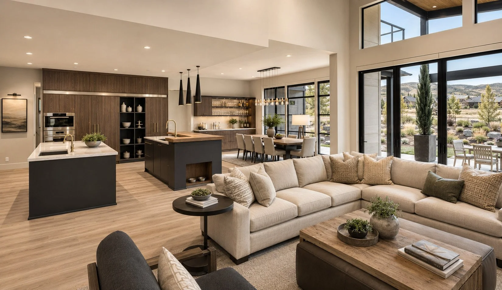 Open-concept living room and kitchen with mountain views, Cherry Hills Village, Colorado