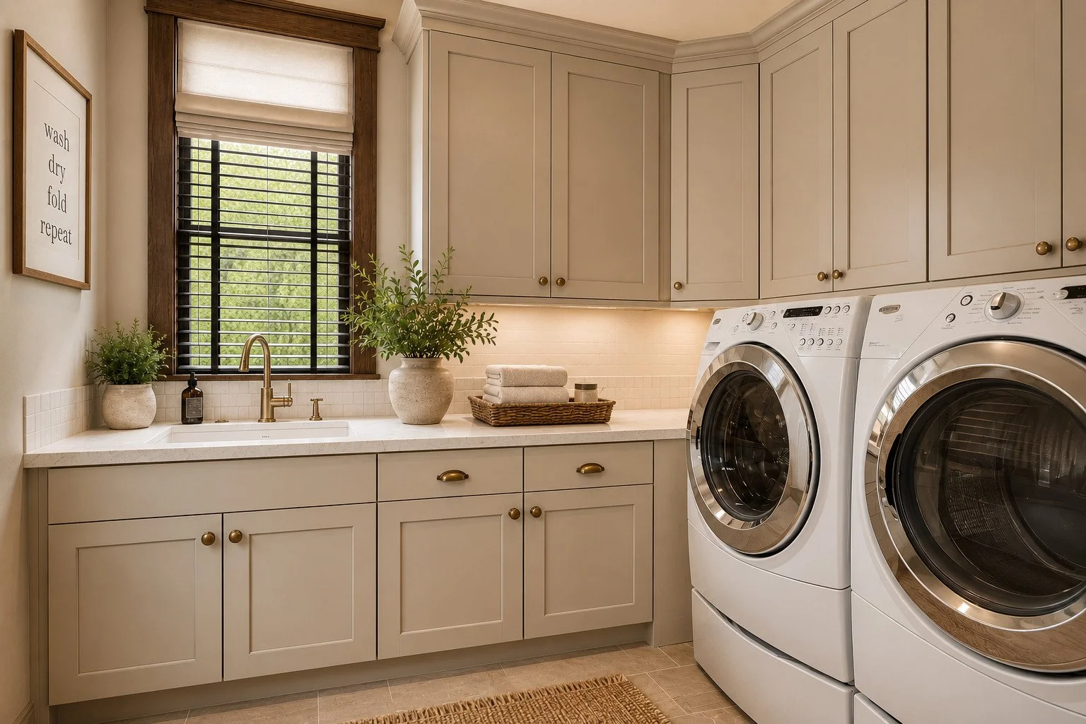 Custom Laundry room with painted beige cabinets and brass faucet, Parker, Colorado