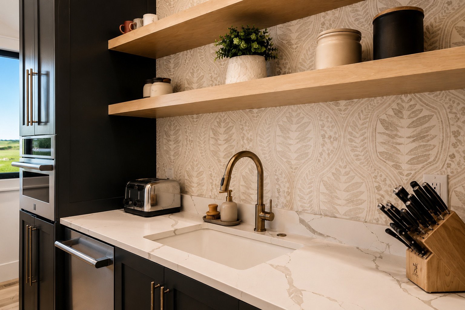 Butler's pantry with open shelving off kitchen, Parker, Colorado
