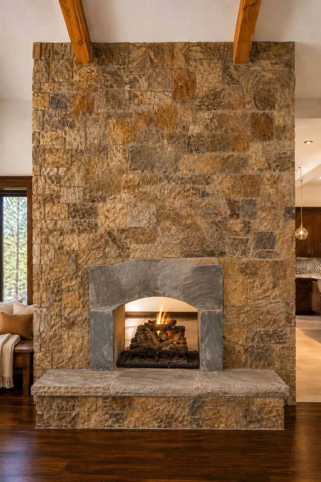 Living Room with Rustic open two sided fireplace, Sedalia, Colorado