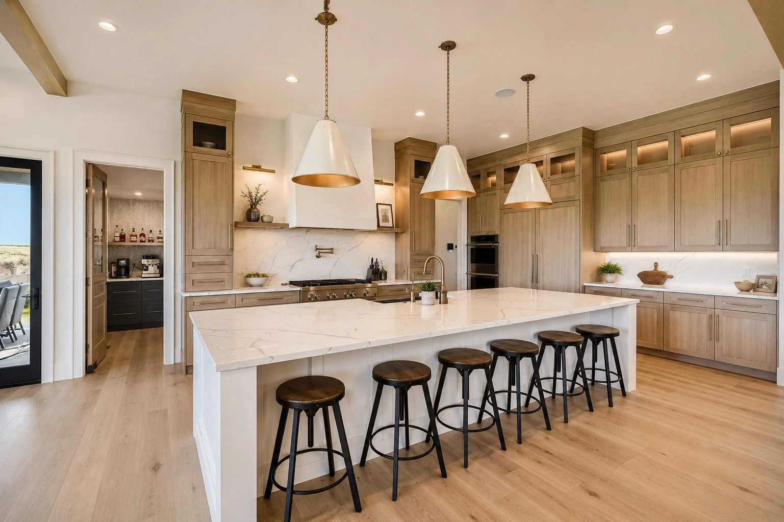 Kitchen with marble island and butler pantry coffee service, Parker, Colorado
