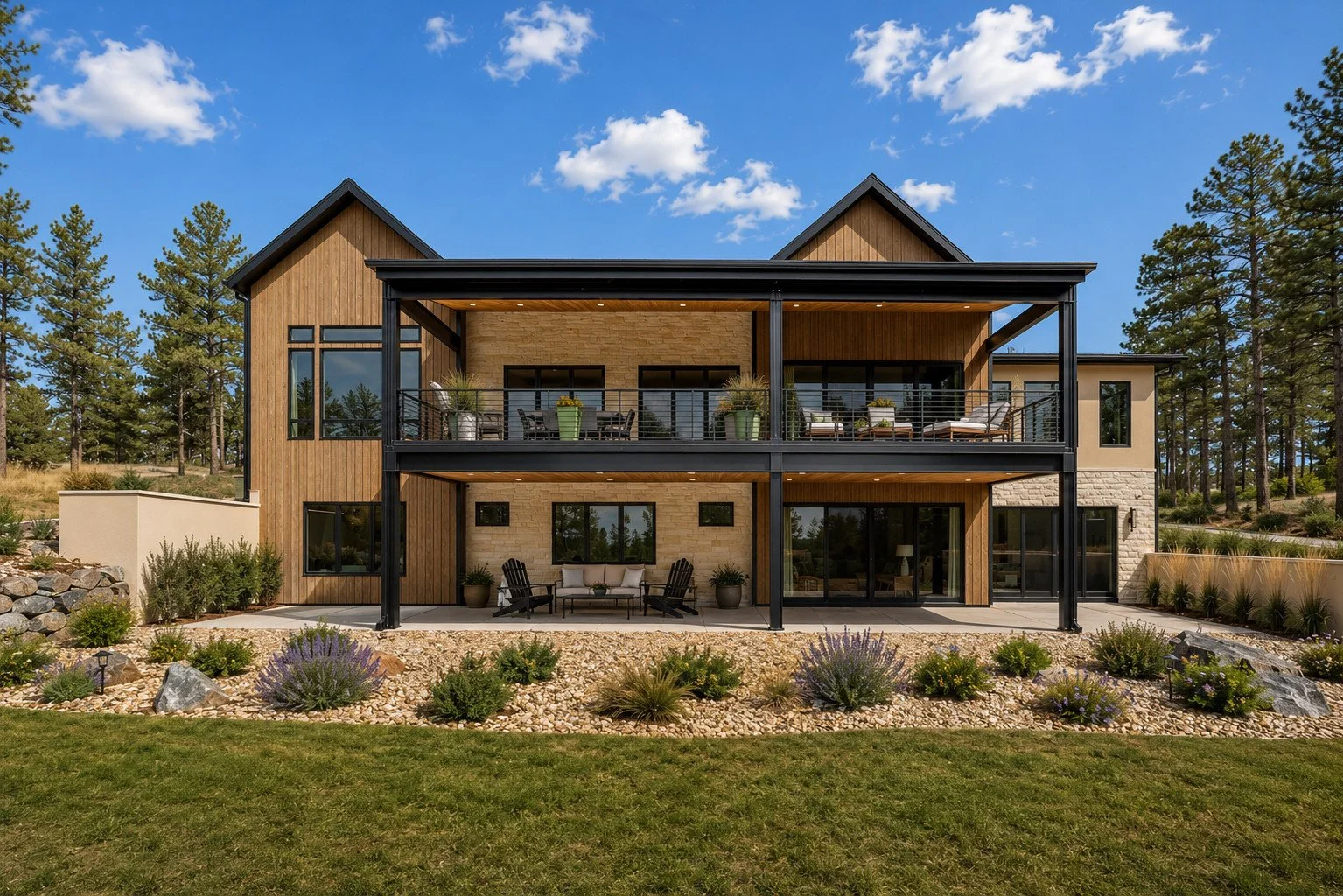 Scandinavian modern rear elevation with covered balcony, patio and landscaped outdoor living, Franktown, Colorado