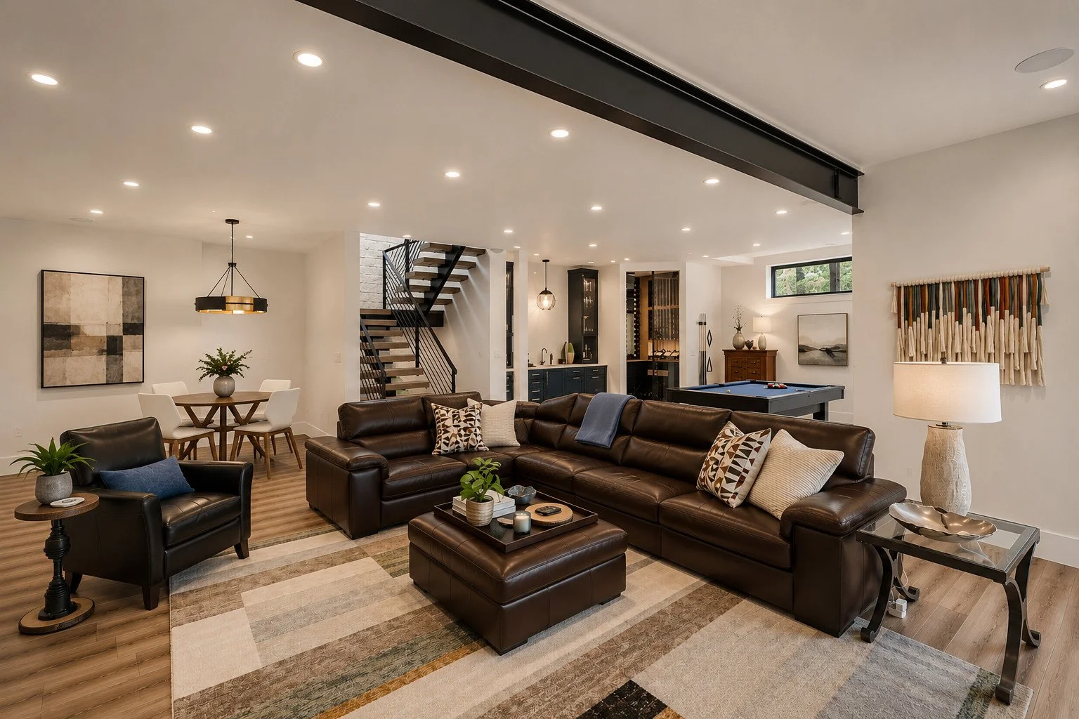 Finished Basement Living area with exposed steel beam, Franktown, Colorado