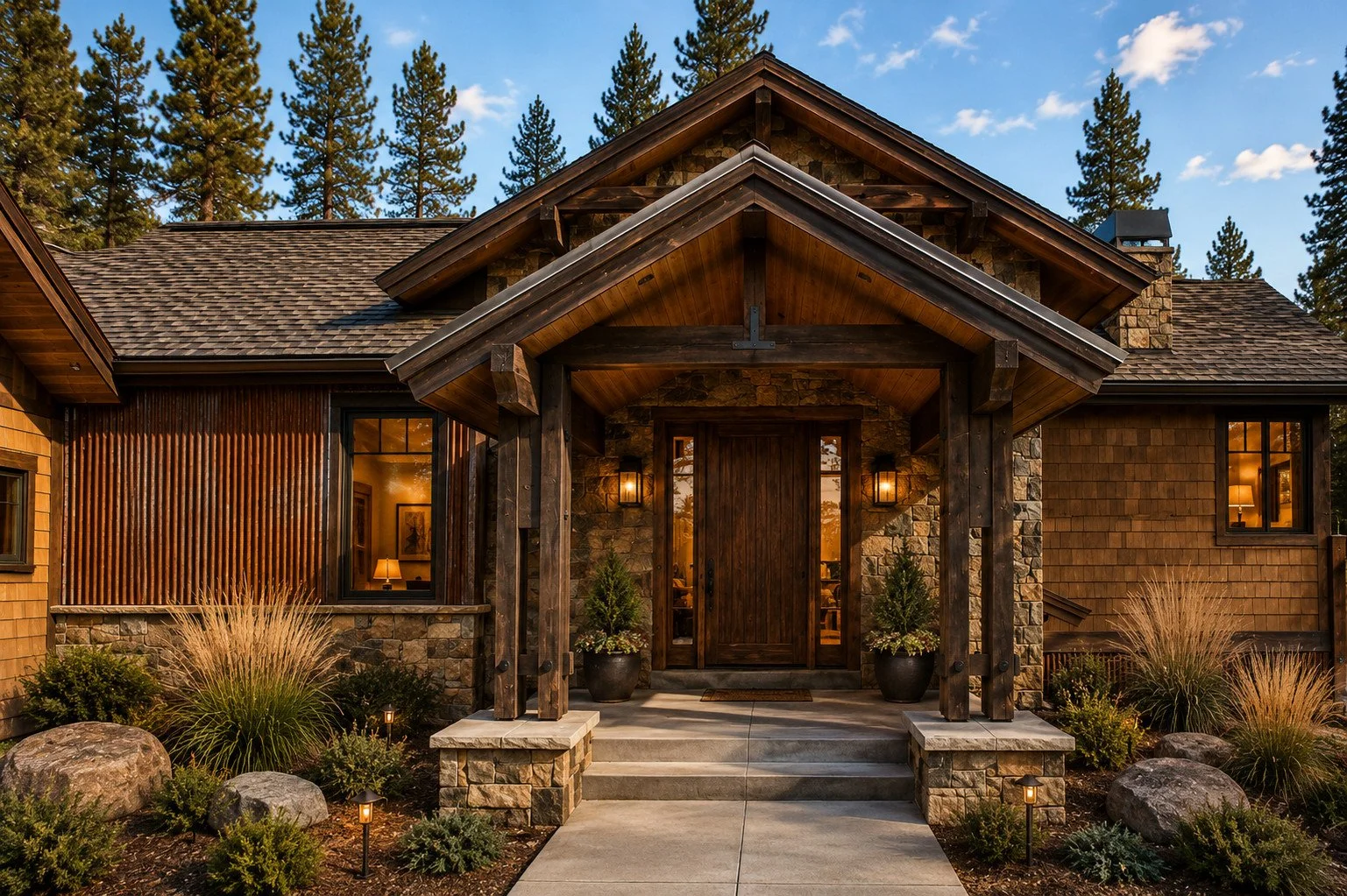 Custom home exterior timber vaulted entry at dusk with natural stone, cedar shake and rusted corrugated siding, Fraser, Colorado