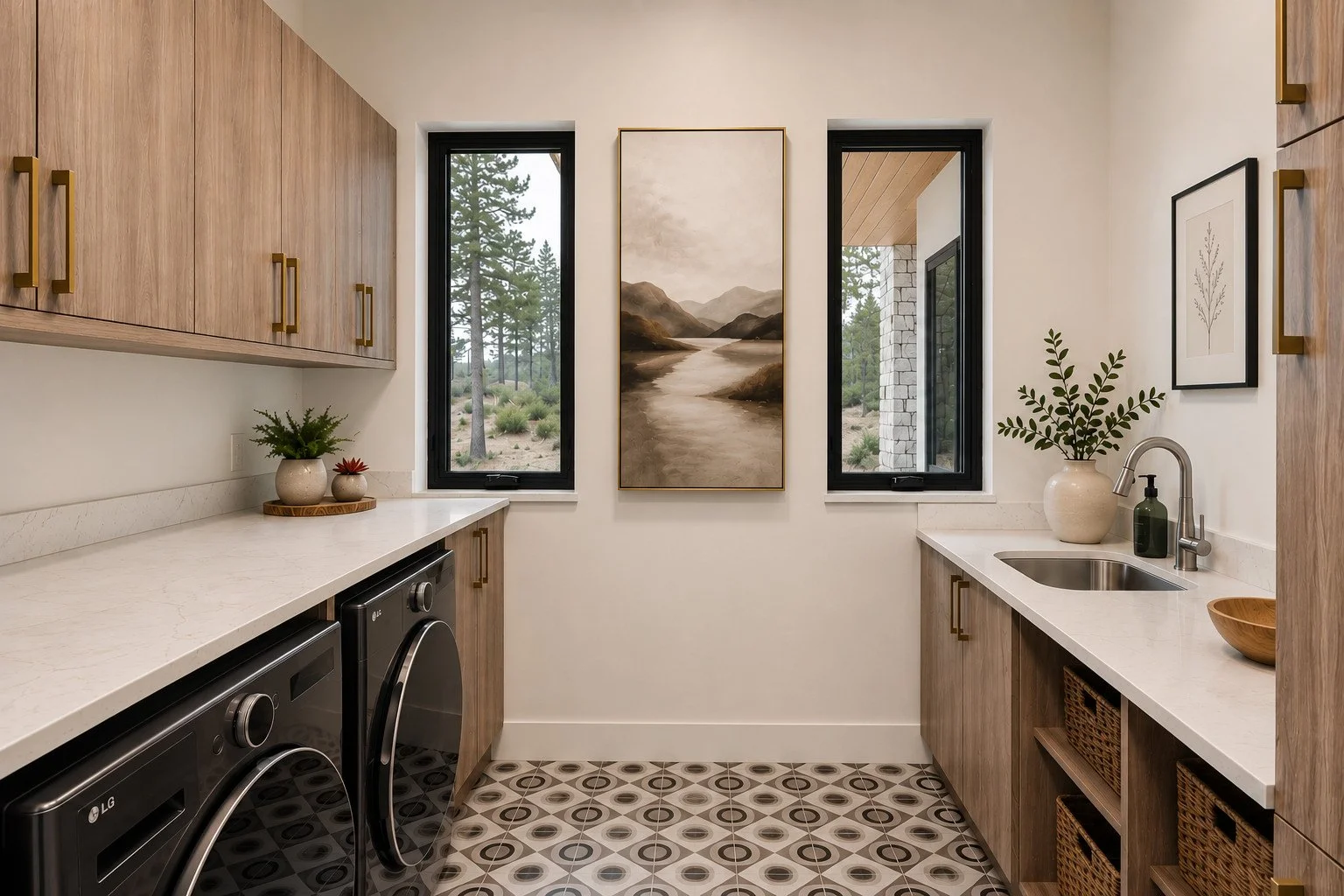Laundry room with black windows and standard sink, Franktown, Colorado