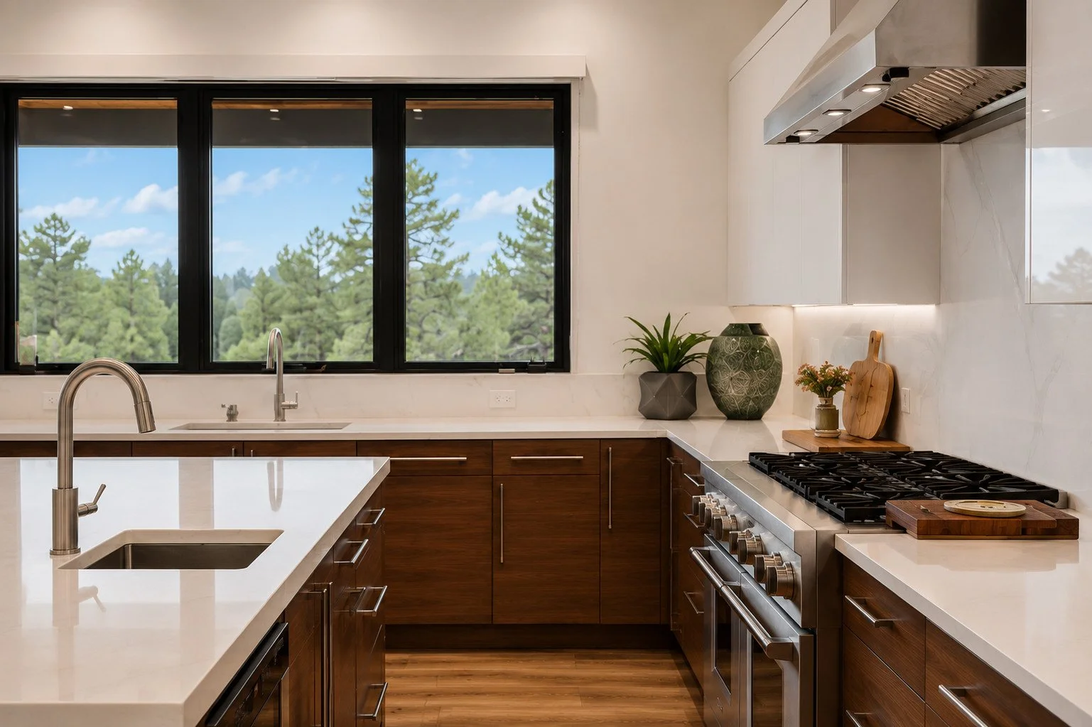 Kitchen with dark wood cabinets and picture frame sink window, Franktown, Colorado