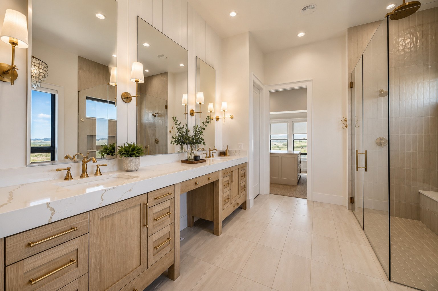 Primary bathroom double vanity with gold fixtures, Parker, Colorado