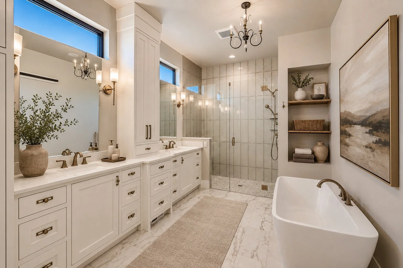 Traditional primary bathroom spa with freestanding tub, brass, and dual vanity with linen cabinet, Franktown, Colorado