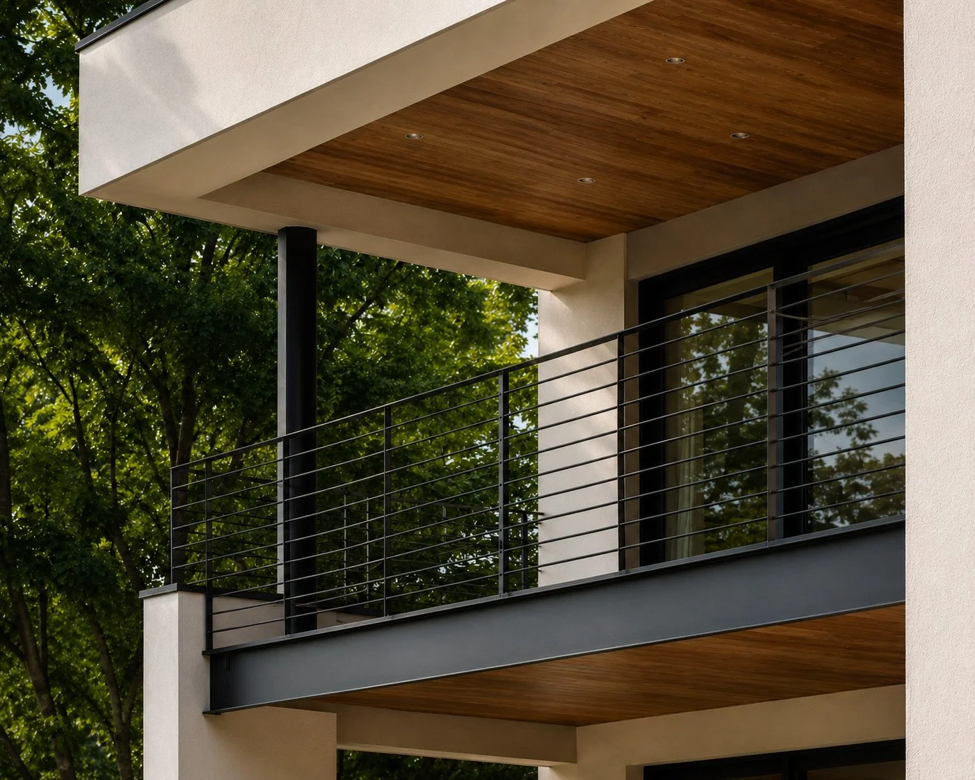 Modern balcony deck with black metal railing, wood soffit and large window, Cherry Hills Village, Colorado