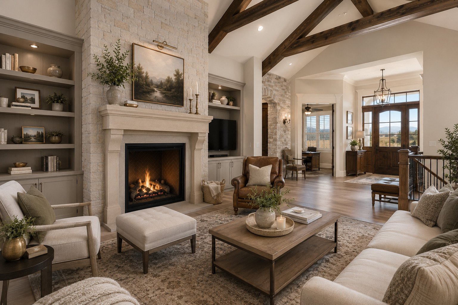 Living room with exposed timber trusses and built-in shelving, Sedalia, Colorado