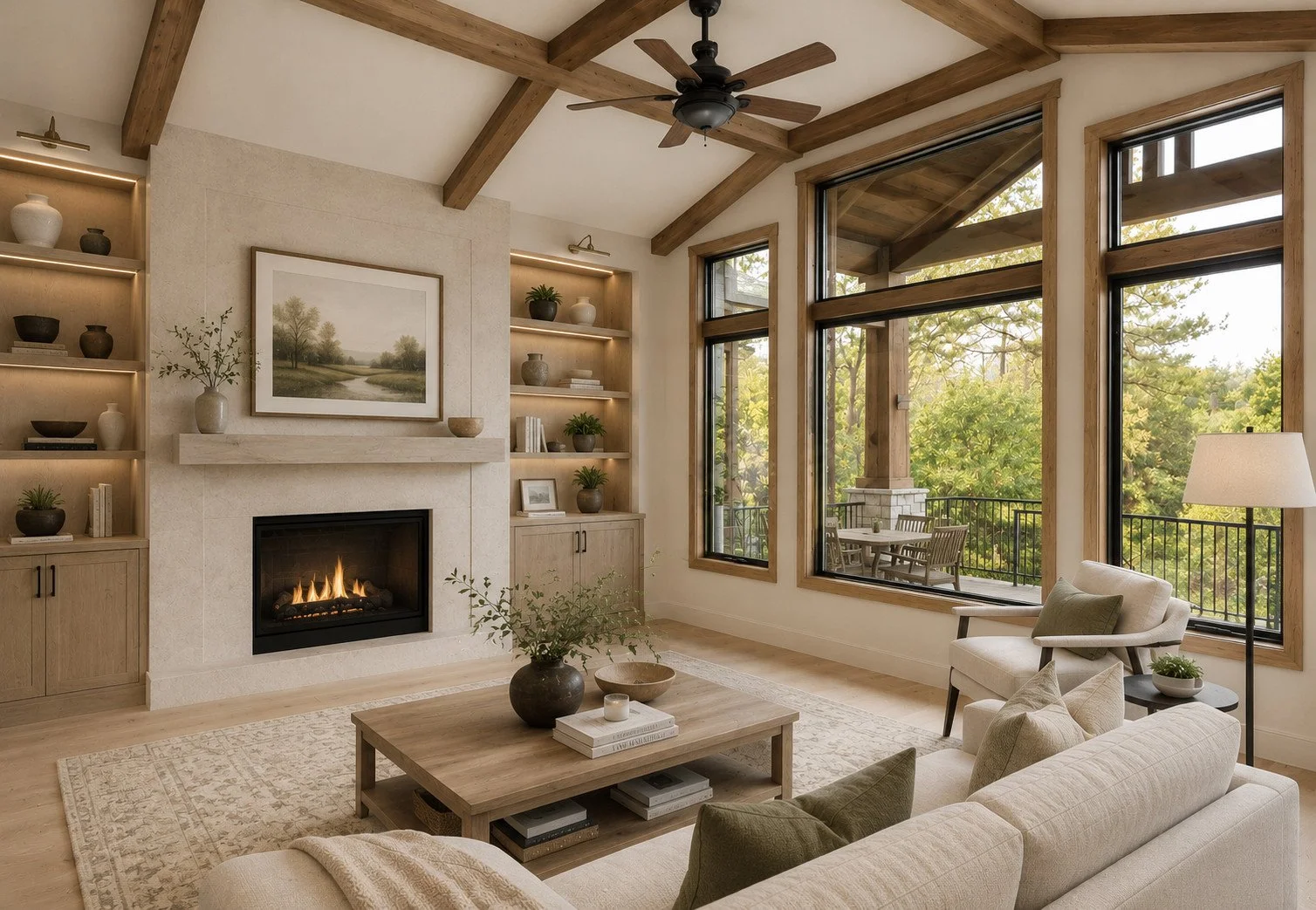 Craftsman living room with vaulted ceiling and custom wood beams, Castle Rock, Colorado