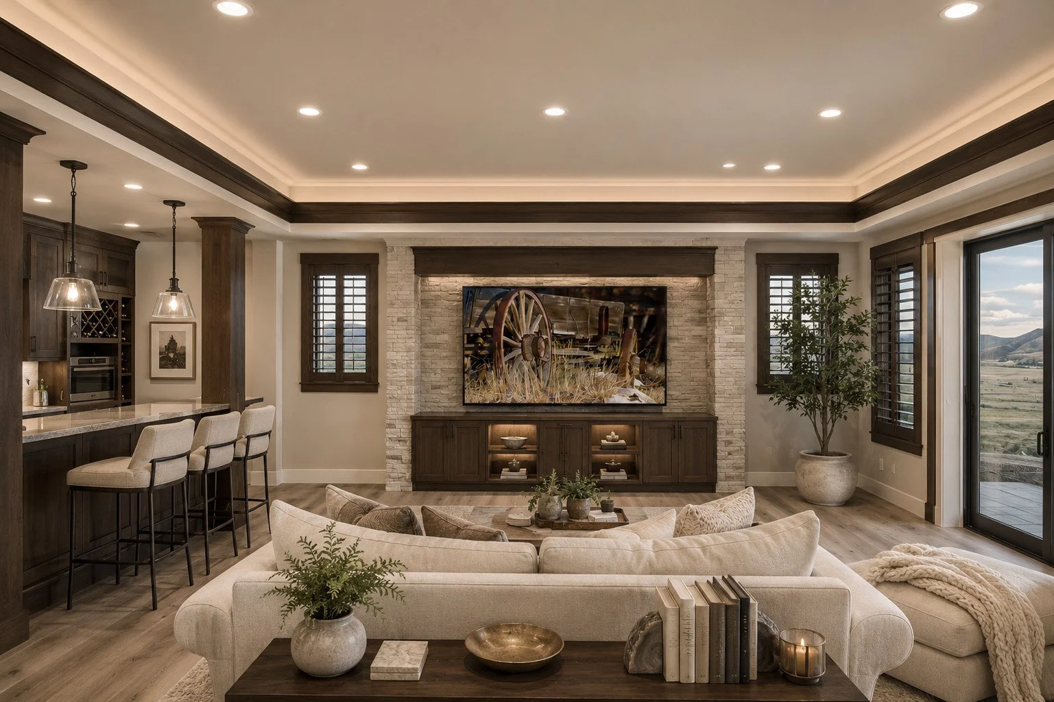 Media room with stone entertainment center and wet bar, Sedalia, Colorado