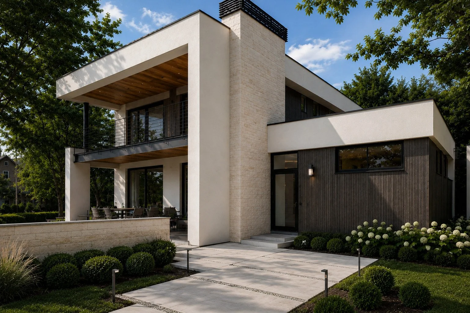 Contemporary custom home with white and wood siding, black-framed windows and landscaped entry, Cherry Hills Village, Colorado