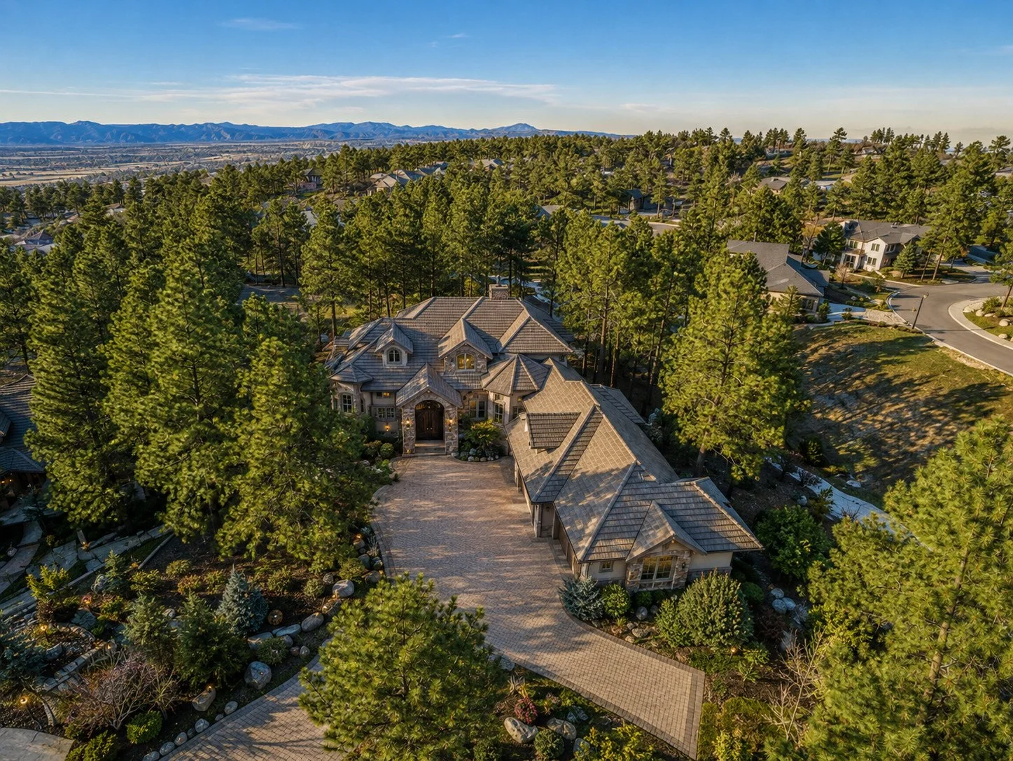 European custom home aerial view, Castle Rock, Colorado
