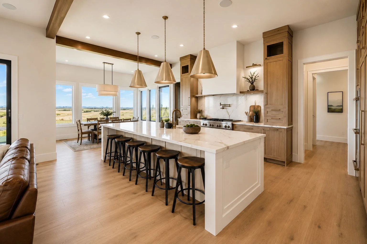 Bright modern farmhouse kitchen with large island, Parker, Colorado