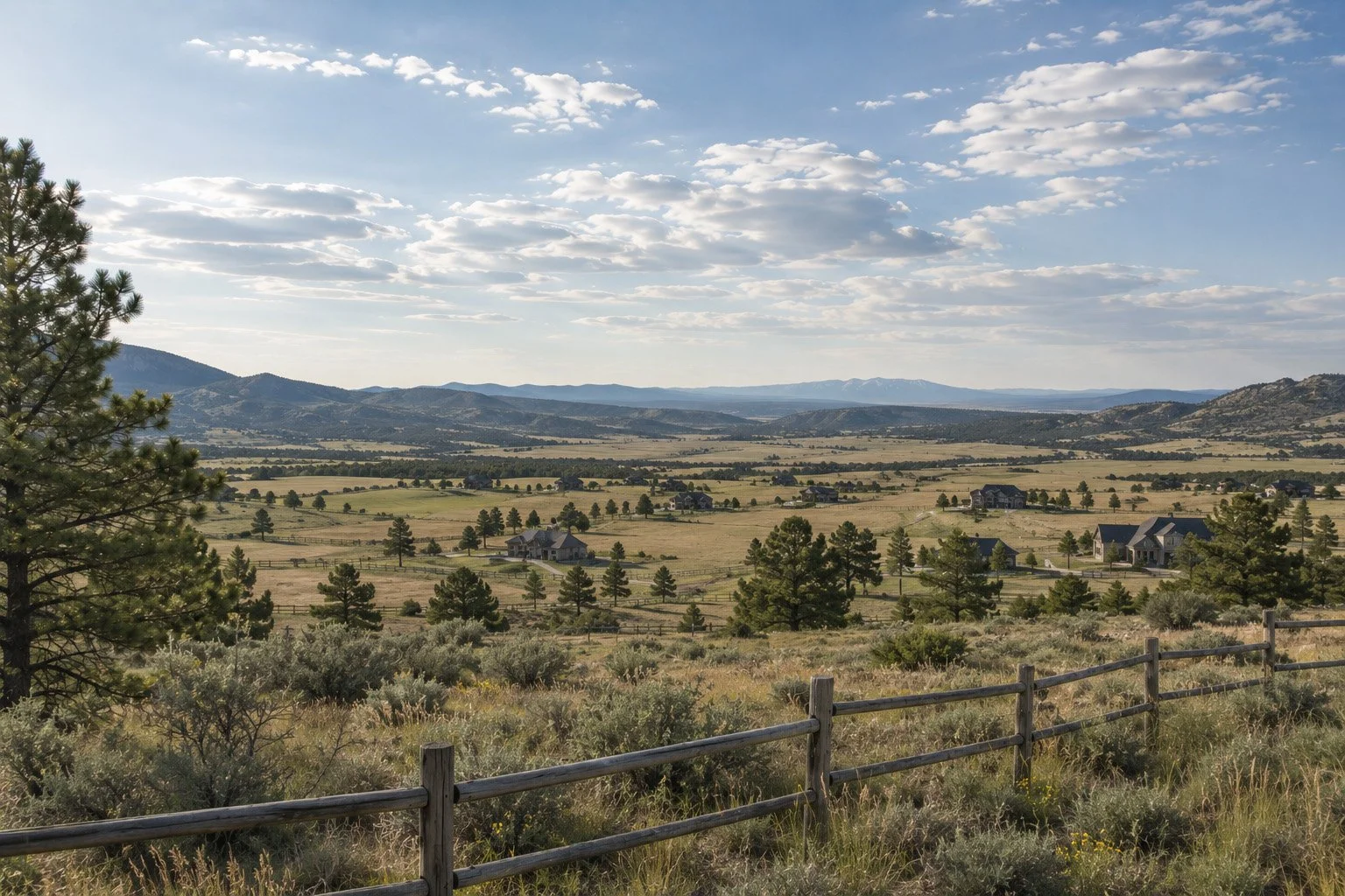 Colorado landscape with rolling acreage, ponderosa pines and Front Range views of Douglas and Elbert Counties.